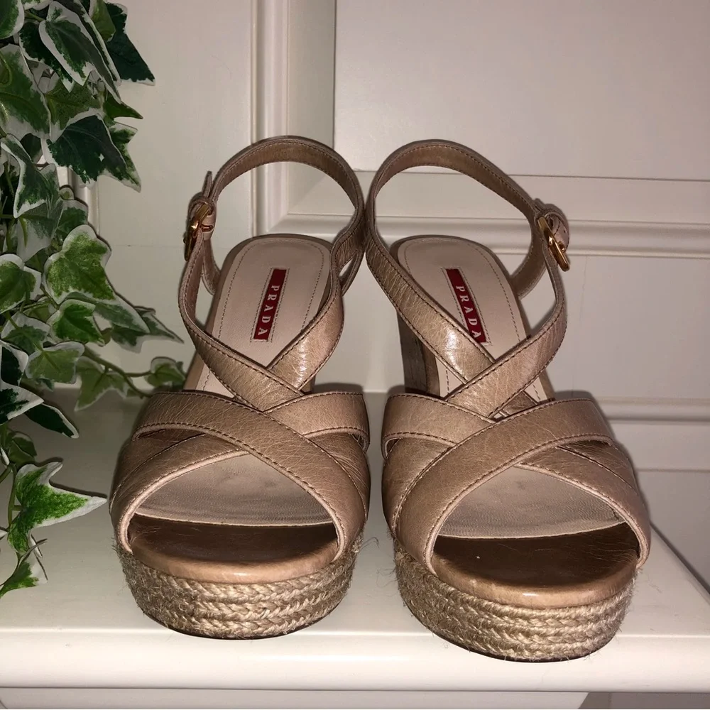 NWT Prada Tan Platform Cork Wedge Sandals New Size 38